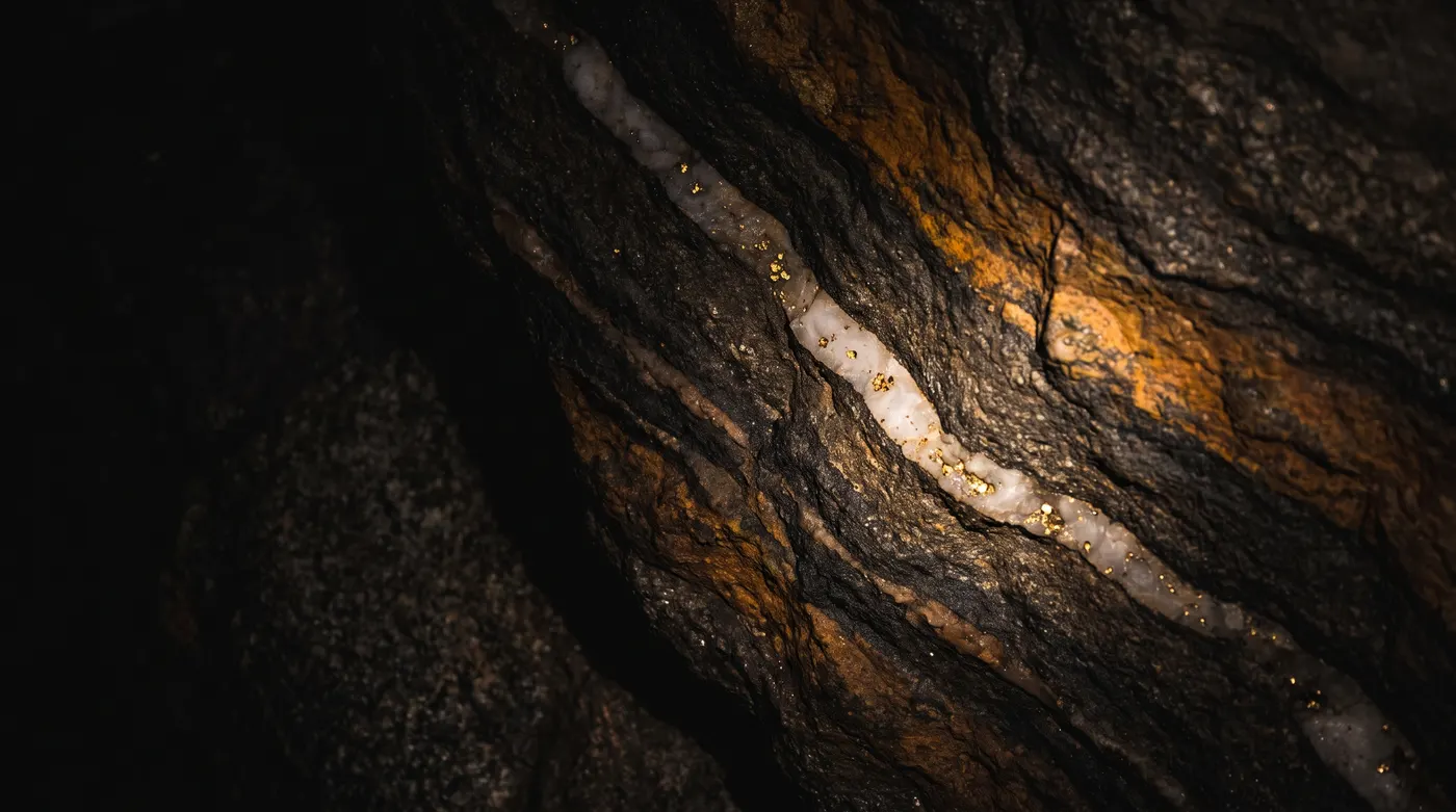 Layers of dark rock deep underground, crossed by a thin quartz reef that glints with gold
