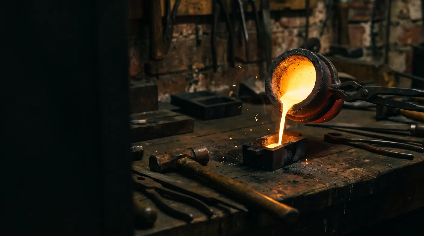 Molten gold poured from a crucible into a mould in a goldsmith's workshop