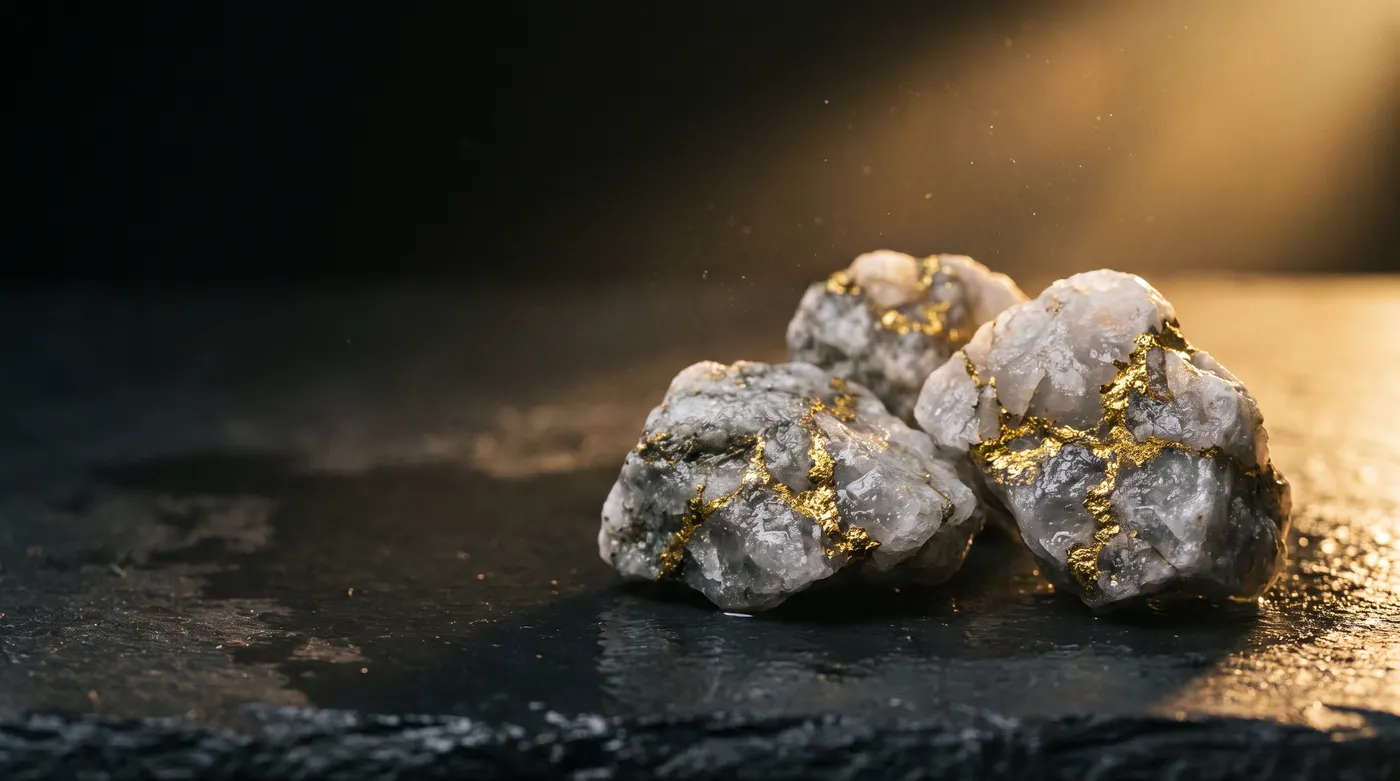 Raw gold-bearing quartz ore on dark slate under one warm light